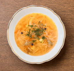 Traditional Russian Lenten soup (shchi) in a soup plate