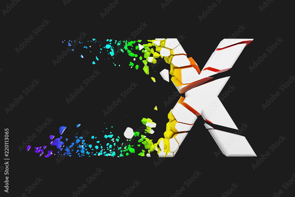 Fototapete broken shattered iridescent alphabet letter x uppercase. crushed white and rainbow font. 3d render i