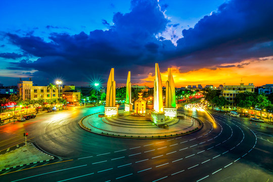 The Democracy Monument at twilight time at Bangkok,Thailand