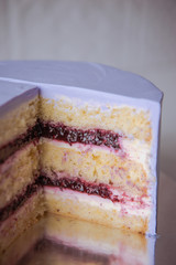 Naked wedding birthday cake. Rustic layer homemade cake with cream. Dessert decorated with chocolate and fruits. Selective focus. Piece of cake. Vegan raw cake.