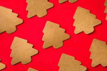 Christmas tree label pattern on red background

