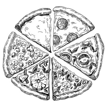 hand drawn illustration of pizza. six pieces