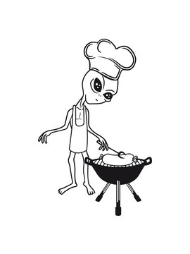 koch kochen lecker essen hunger grillen wurst sch&uuml;rze chef k&uuml;che bbq alien ausserirdischer weltall ufo weltraum besucher grau grey grusselig b&ouml;se comic cartoon clipart horror halloween