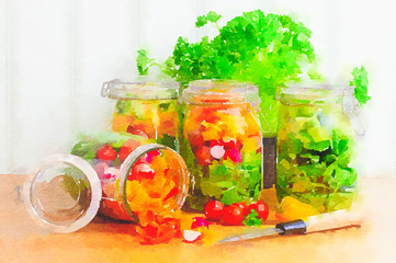 Watercolour still life painting of prepared salad in glass storage jars.