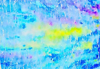 Watercolor abstract, irregular pattern painting. Vibrant colours of blues yellows pinks greens and purples.