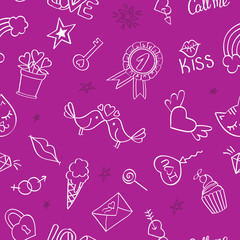Seamless pattern with hand drawn girly doodles. Repeating background with childish sketch design elements for textile, wallpaper, scrapbooking.