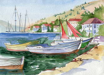 Fototapeta na wymiar Beautiful watercolor landscape. View of the sea and ships in the port. Southern Bay of Sevastopol. Crimea.