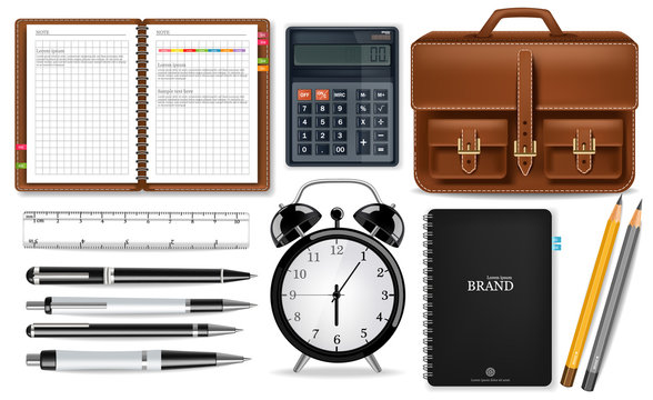 Office supplies set Vector realistic. Alarm clock, calculator, bag, note book and pen tools. Detailed 3d illustrations