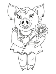 Contour drawing pig with flower for coloring