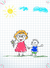 Kids doodle drawings of boy and woman together.