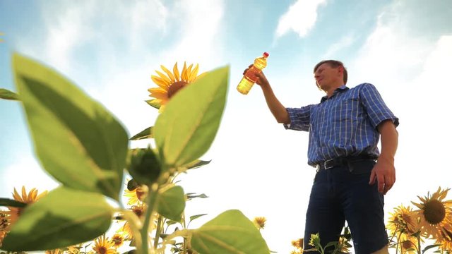 old man farmer holding in hand a plastic bottle sunflower oil stands in the field. slow motion video lifestyle. sunflower oil production and research agriculture farming. large sunflowers against the