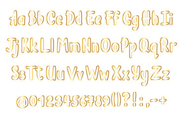 Golden alphabet  in sketchy style. Vector handwritten  letters, numbers and punctuation marks. Gold contoured handwriting font.