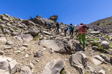 Trekking inside Andes valleys, central Chile at Cajon del Maipo, Santiago de Chile, amazing views over mountains and glaciers with awesome hikings