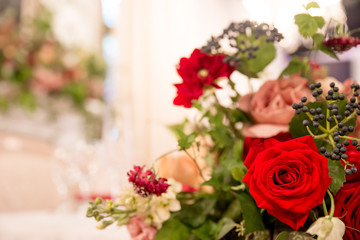 table decor for wedding ceremony, table setting, flowers, red and white decor