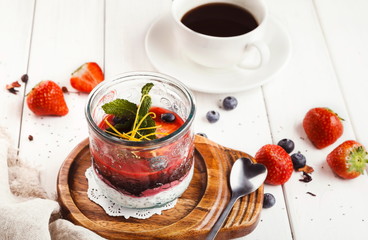 Chia pudding with berries, healthy restaurant dessert