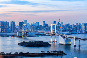 Fototapeta premium Tokyo City at sunset:Rainbow bridge and Tokyo Tower view form Odaiba island at sunset, Tokyo,Japan.