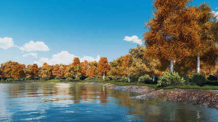 Peaceful autumn landscape with scenic colorful trees on the shore of calm forest lake or pond at...