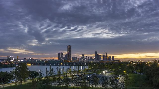 Night Time lapse of Seoul park near the han river with cloud moving.