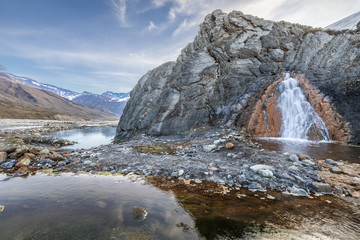 Thermal waters at Termas del Plomo inside Central Andes mountains. Just an amazing view of reflections and colors from the dawn and and an alpine view over the high Andes valleys, Santiago de Chile