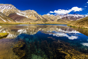 Obraz premium Los Patos Lagoon at Central Andes mountain range an amazing representation of the typical andean landscape at Santiago de Chile with amazing views over the southern 6,000m mountain Cerro Marmolejo