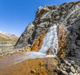 Hot spring waters at Andes mountains in Termas del Plomo at Central Andes in Santiago de Chile an amazing mountain landscape full of colors