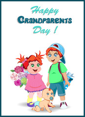 grandchildren with bunch of flowers and presents for grandparents day celebration