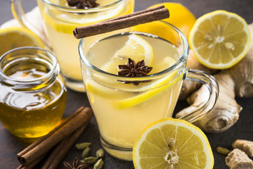 Autumn hot tea with ginger, lemon, honey and spices.