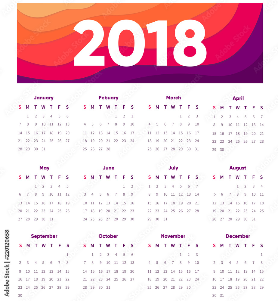 Poster creative 2018 design calendar on modern background. portrait oriantation. vector design template wit
