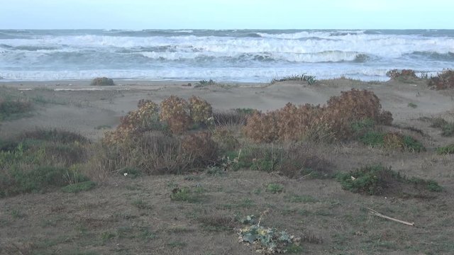 Waves rolling on the beach is a stormy day, winter mediterranean sea. Focene, Lazio, Italy. 4k