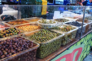 Olives and pickles at a market stall