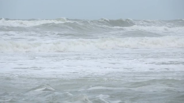 Waves rolling on the beach is a stormy day, winter mediterranean sea. Focene, Lazio, Italy. 4k