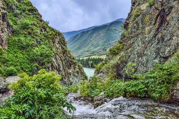 Mountain creek flowing under cliffs of canyon into the Katun River in Altai mountains, Russia
