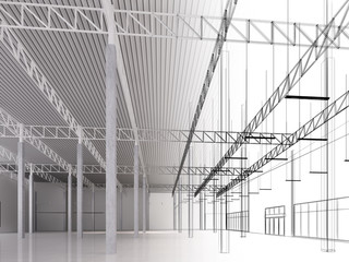 sketch design of interior warehouse, 3d rendering