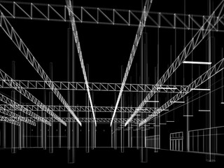 sketch design of interior warehouse, 3d rendering