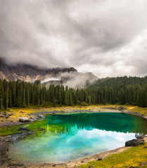 Carezza lake or Lago di Carezza, Karersee in Dolomites Alps. South Tyrol Italy