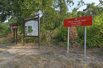 Schild "Natura 2000 Dolna Odra" im Nationalpark Unteres Odertal mit Infotafel