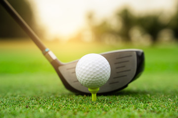 Golf course green and golf ball close in the grass field.