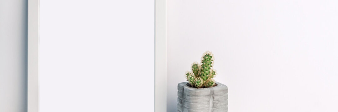Panoramic photo of a white mockup frame with a cactus in a concrete pot on an empty white background