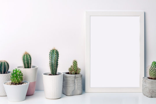 White mockup frame with cactuses in concrete pots on an empty white background