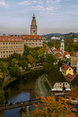 View to Cesky Krumlov and river Vltava, view of the city from the top in the  sunny autumn day. Czech Republic. Historical town. UNESCO World Heritage.