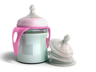 the baby bottle with milk 3d render on white