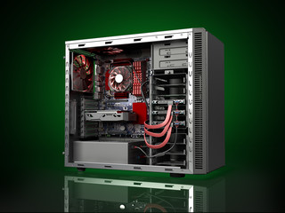 open PC case with internal parts motherboard cooler video card power supply HDD drives 3d render on darck green