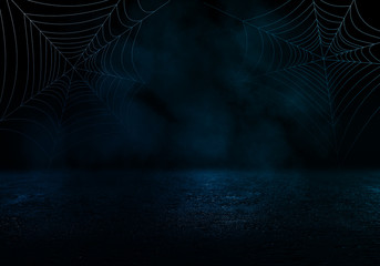 Background of an empty room with spotlights and lights, abstract background with neon glow, spider web on the corners. Background Halloween