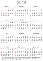 Einfacher Kalender 2019 mit gesetzlichen Feiertagen und Wochenstart Sonntag für die USA