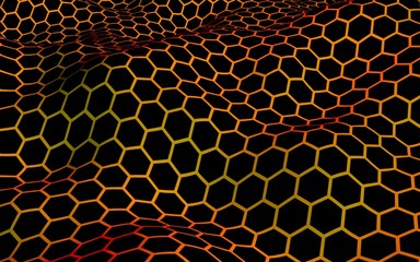 Honeycomb wave effect on a red yellow background. Perspective view on polygon look like honeycomb. Isometric geometry. 3D illustration