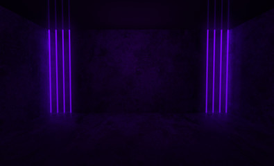 Background of an empty room at night with smoke and neon light. Dark abstract background. Background of an empty show scene