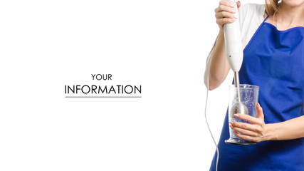 Beautiful woman in apron with a submerged blender in hands pattern on a white background isolation