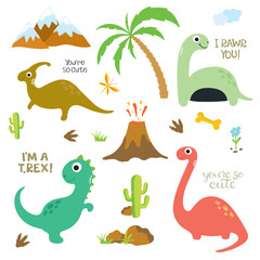 Naklejka premium Ślad dinozaura, wulkan, palma, kamienie, kość i kaktus