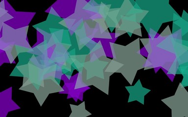 Multicolored translucent stars on a dark background. Green tones. 3D illustration