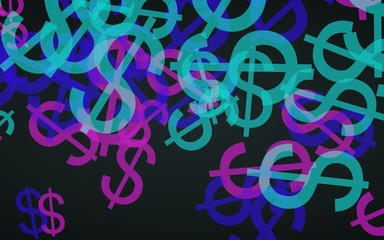 Multicolored translucent dollar signs on dark background. Green tones. 3D illustration